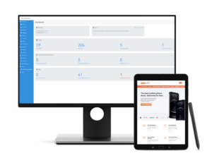 Smartphone displaying ecommerce page with dashboard on screen behind