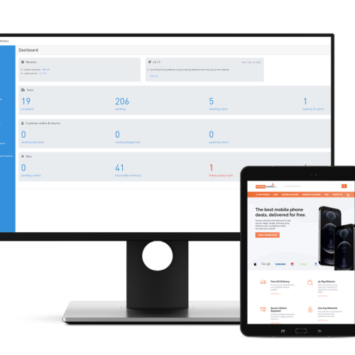 Smartphone displaying ecommerce page with dashboard on screen behind